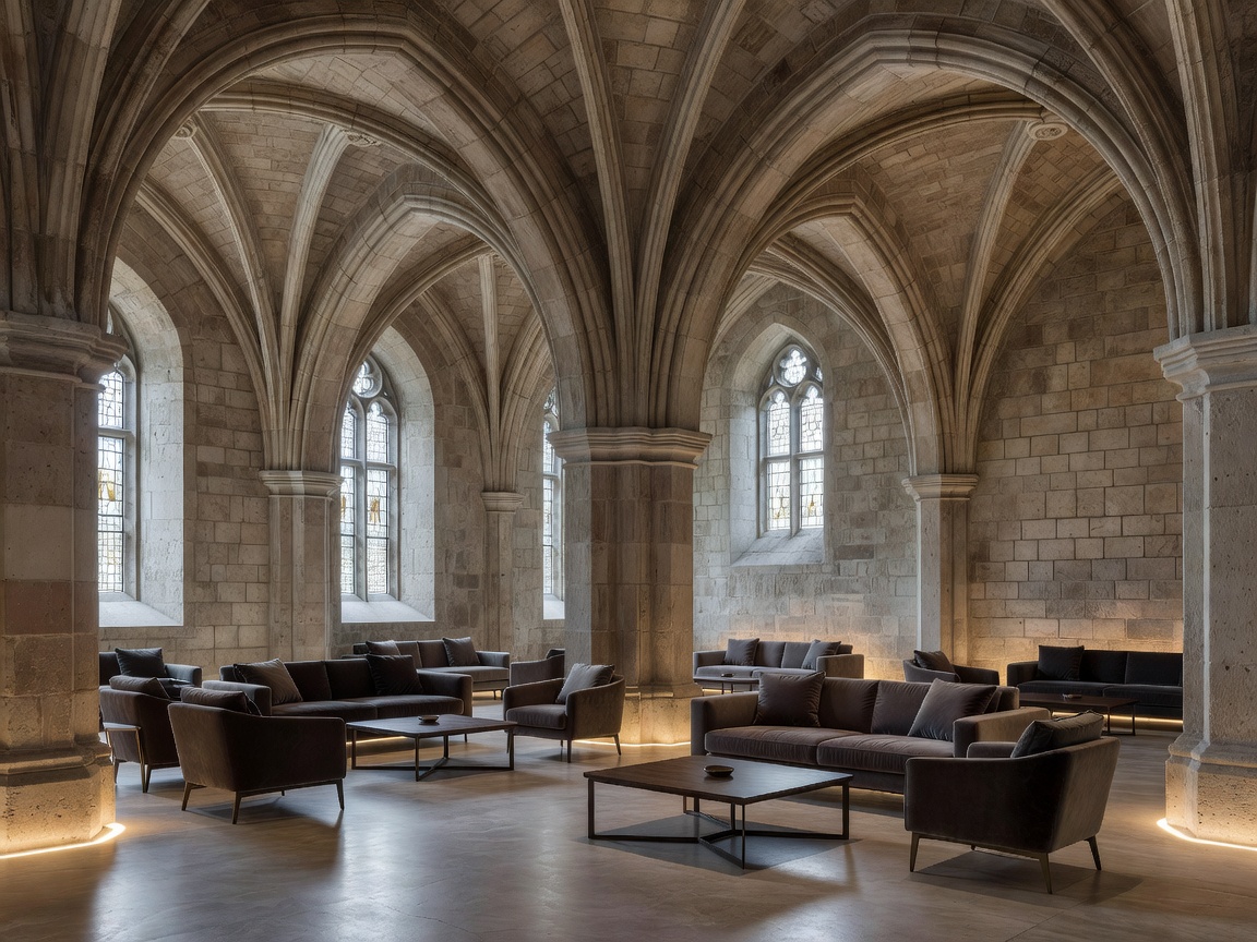 Contemporary lounge furniture placed beneath a tall historic arched interior