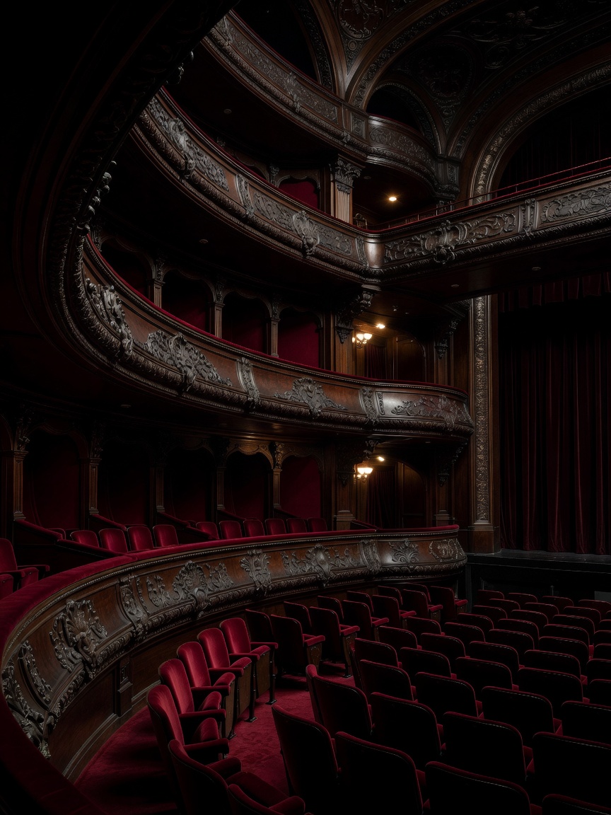 Historic auditorium with curved balconies, velvet seats and deeply shadowed ornament
