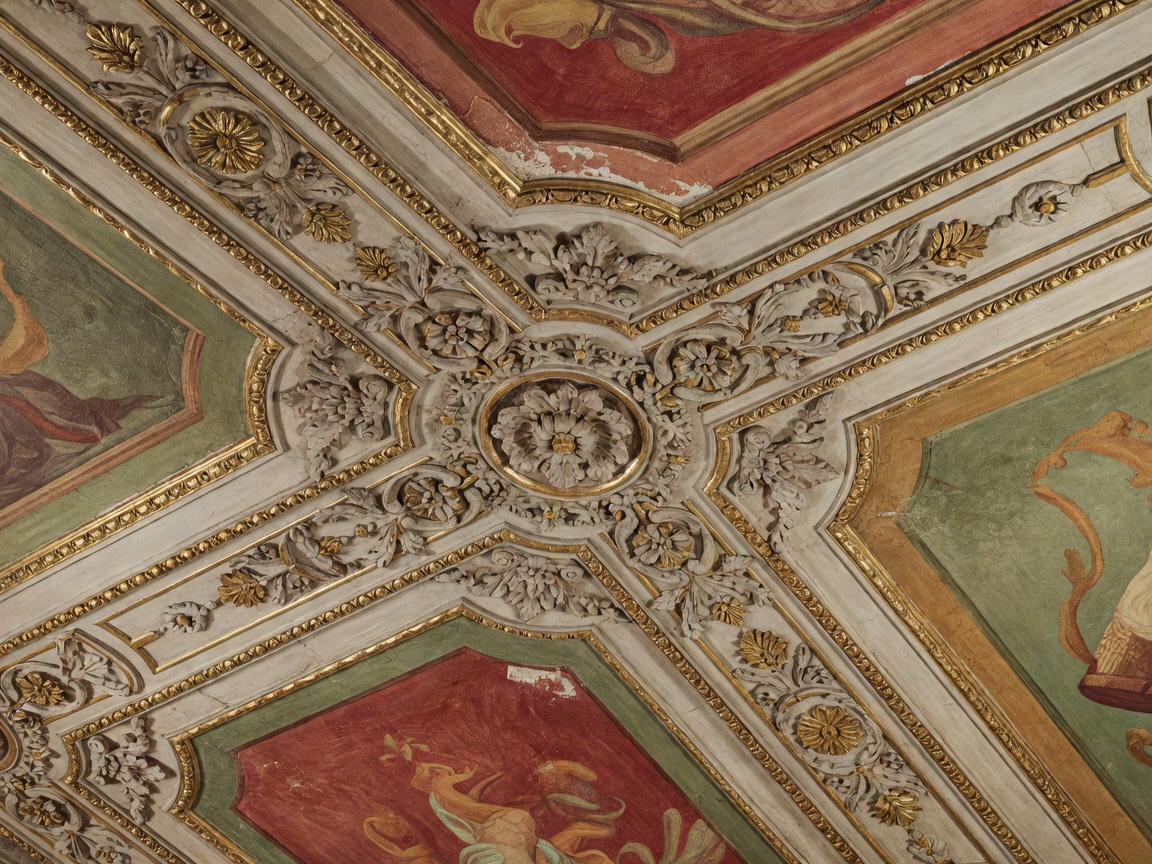 Close view of decorative plaster, painted panels and aged gilding on a theatre ceiling