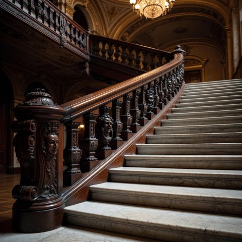 Carved balustrade beside a broad staircase in a historic performance building