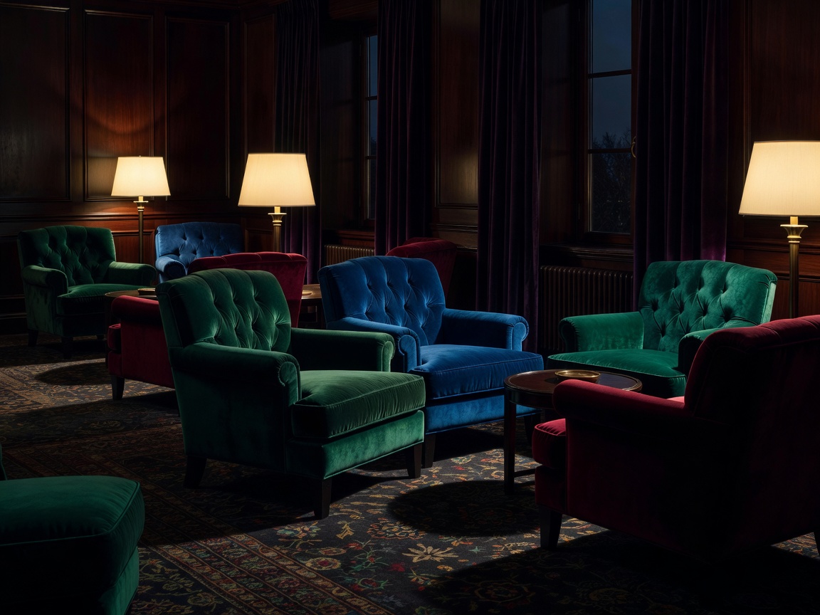 Velvet lounge chairs and a softly lit hotel interior with deep evening shadows