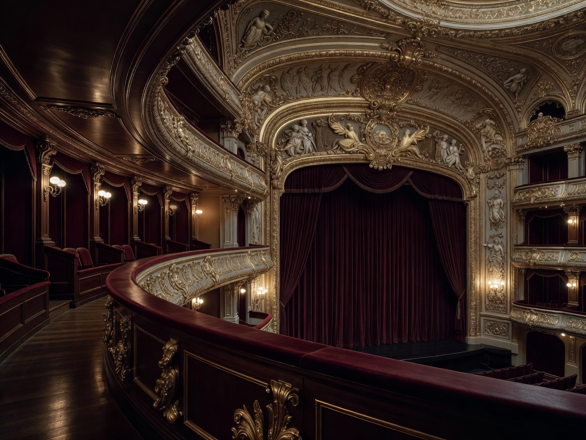 A curved theatre balcony facing an ornamented proscenium opening